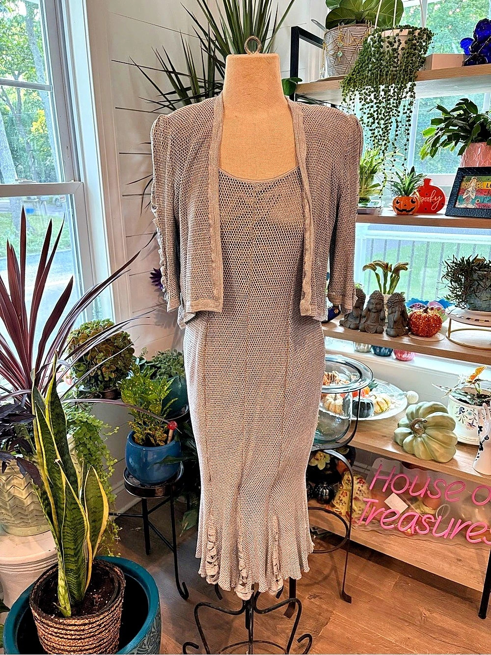 Damianou Vintage Metallic Mesh 2-Piece Dress and Cardigan Set Silver Small